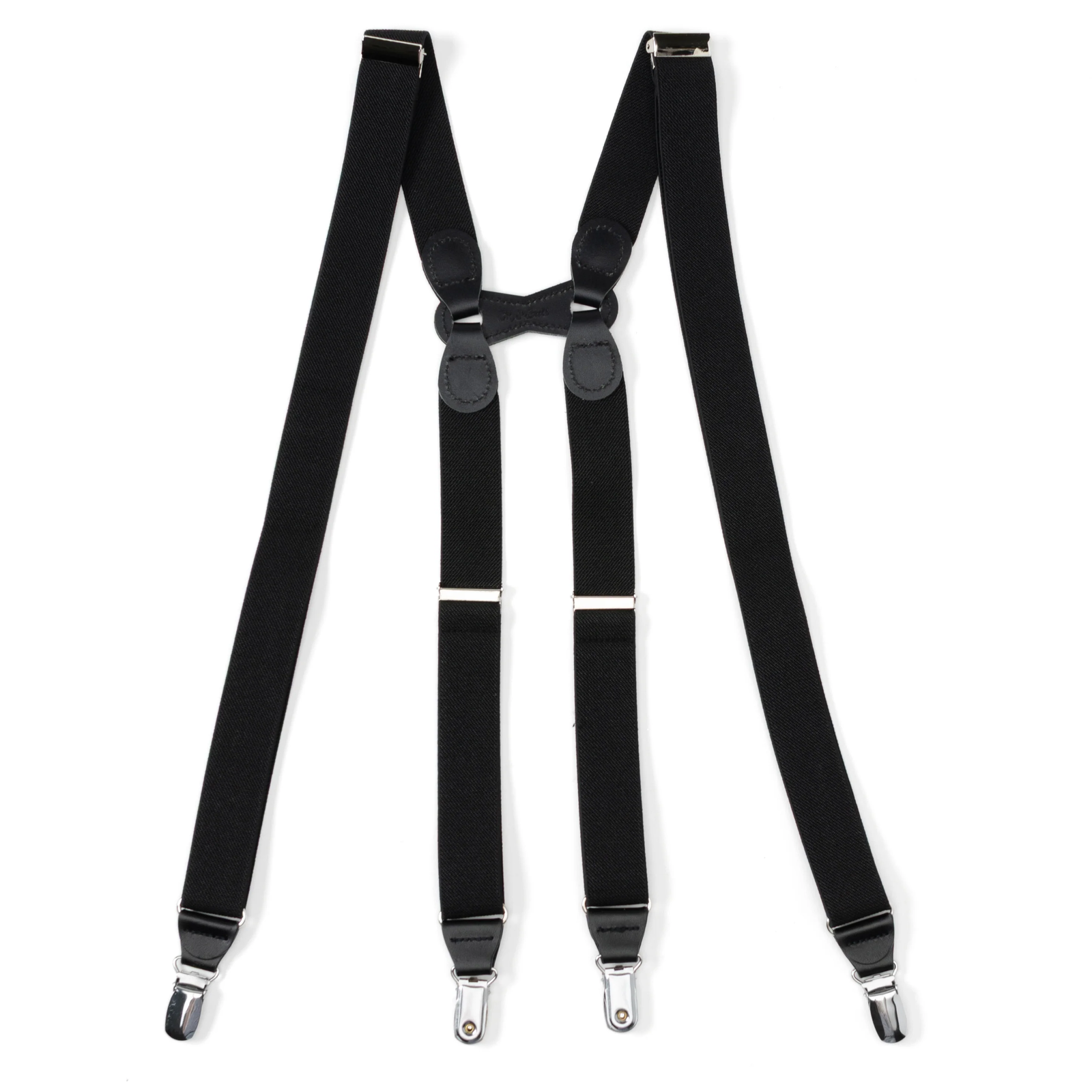 Black leather X-back suspenders with silver metal clips.