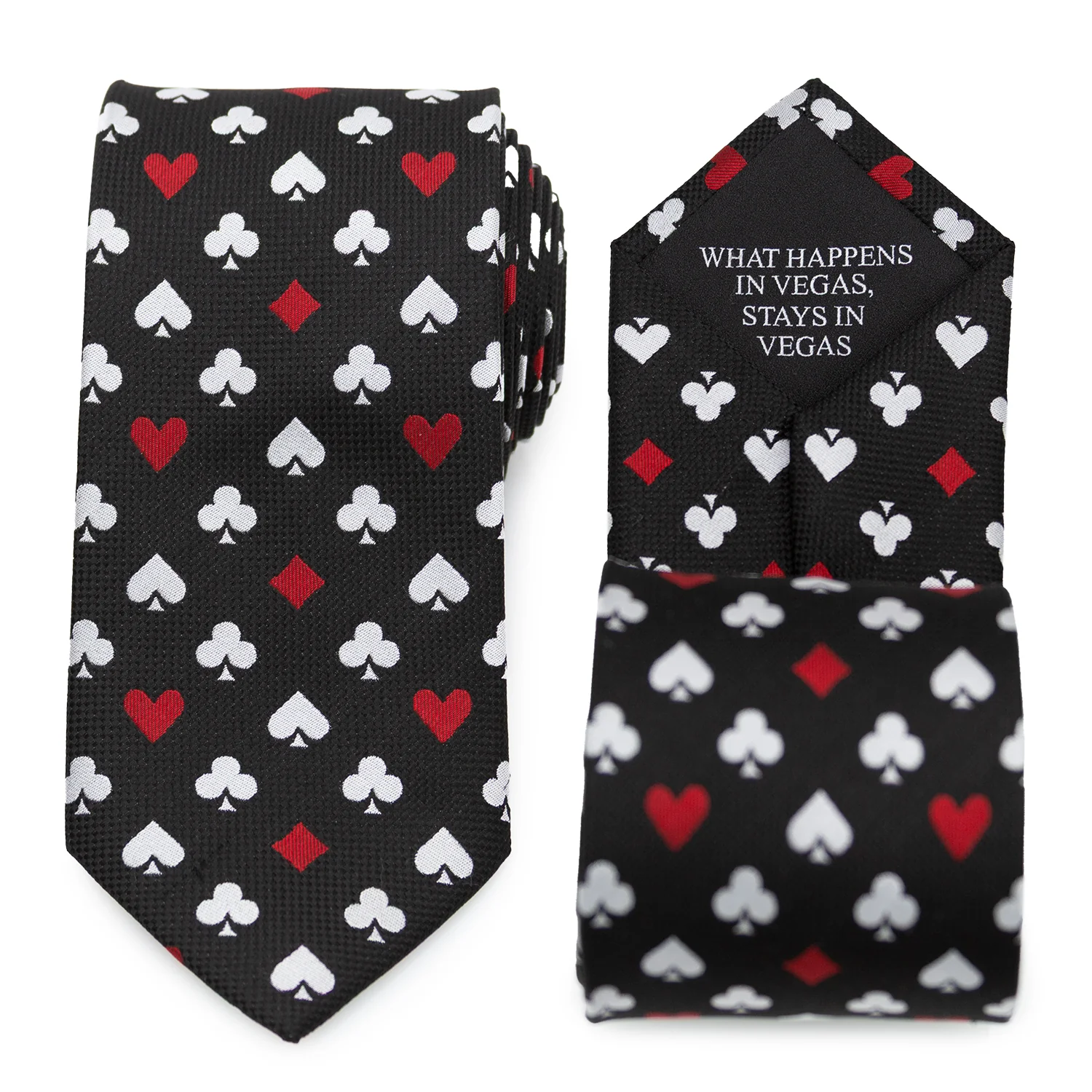 Black silk-blend tie patterned with red and white playing card suits (hearts, spades, diamonds, clubs) with hidden embroidered Vegas message.