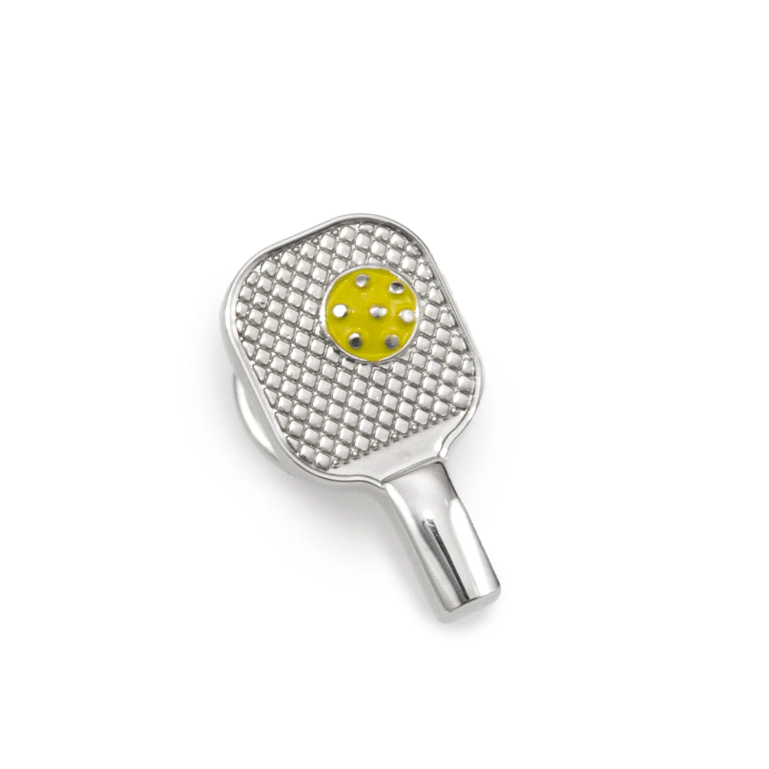 Silver lapel pin in the shape of a pickleball racket with ball detail.