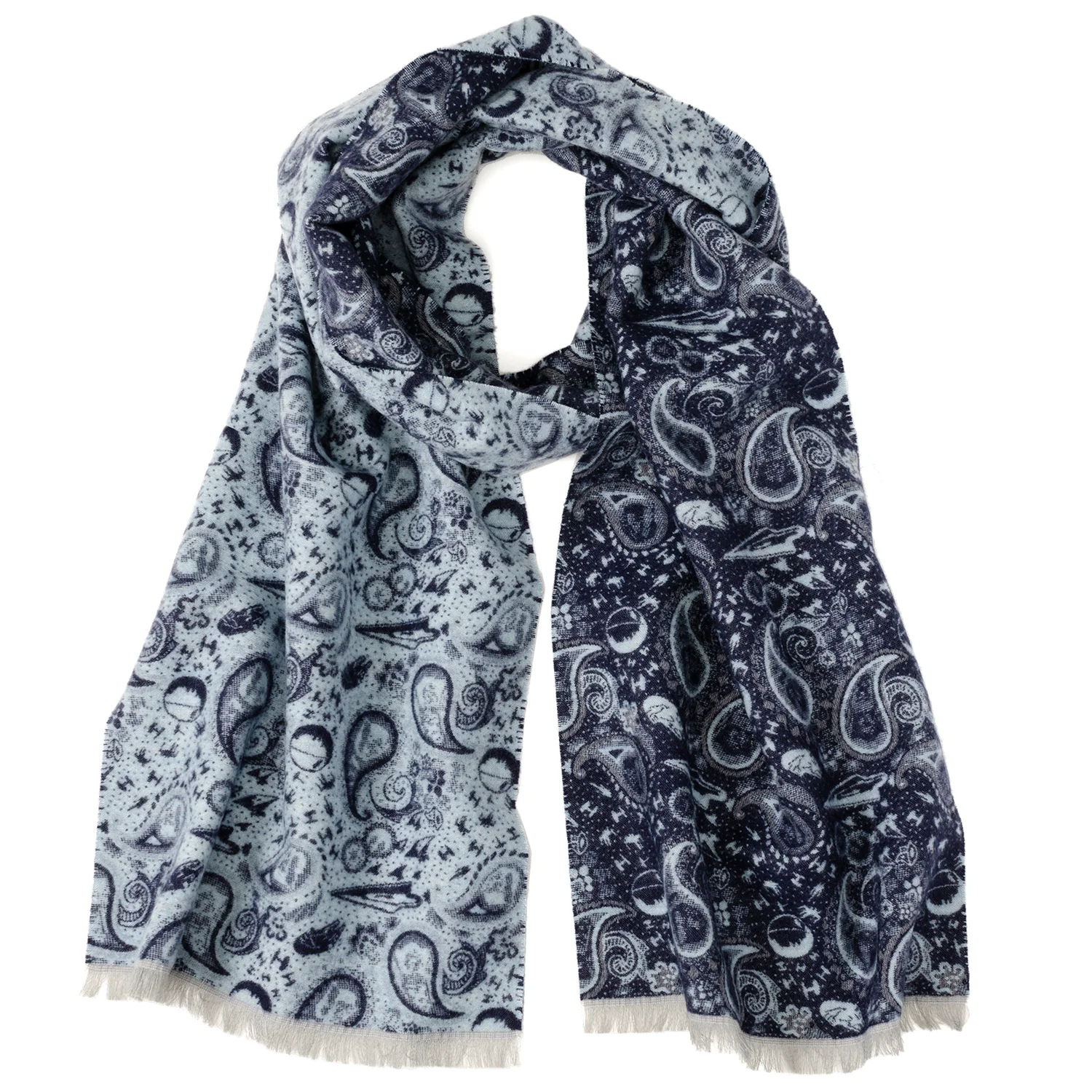 lue and gray paisley scarf featuring subtle Darth Vader pattern.