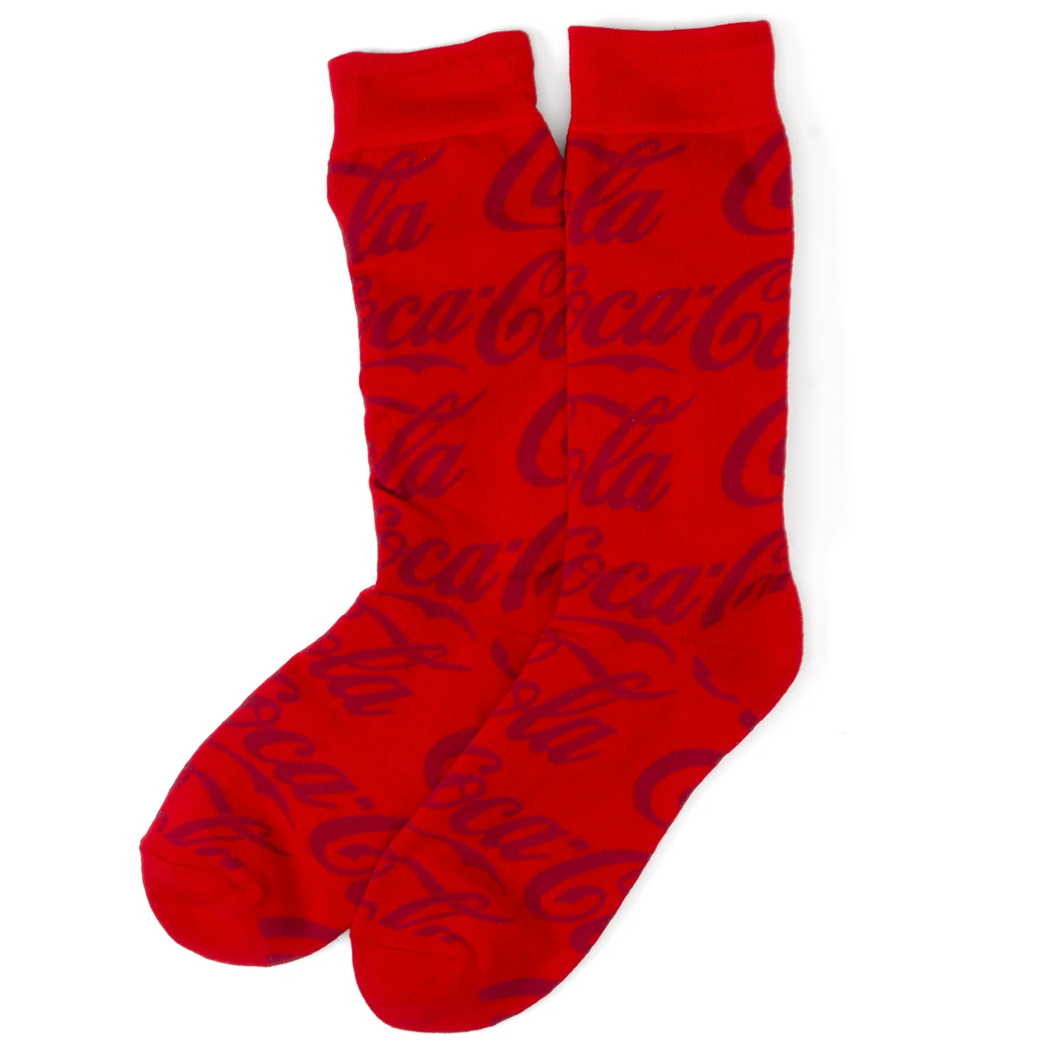 Red dress socks featuring the classic white Coca-Cola logo.