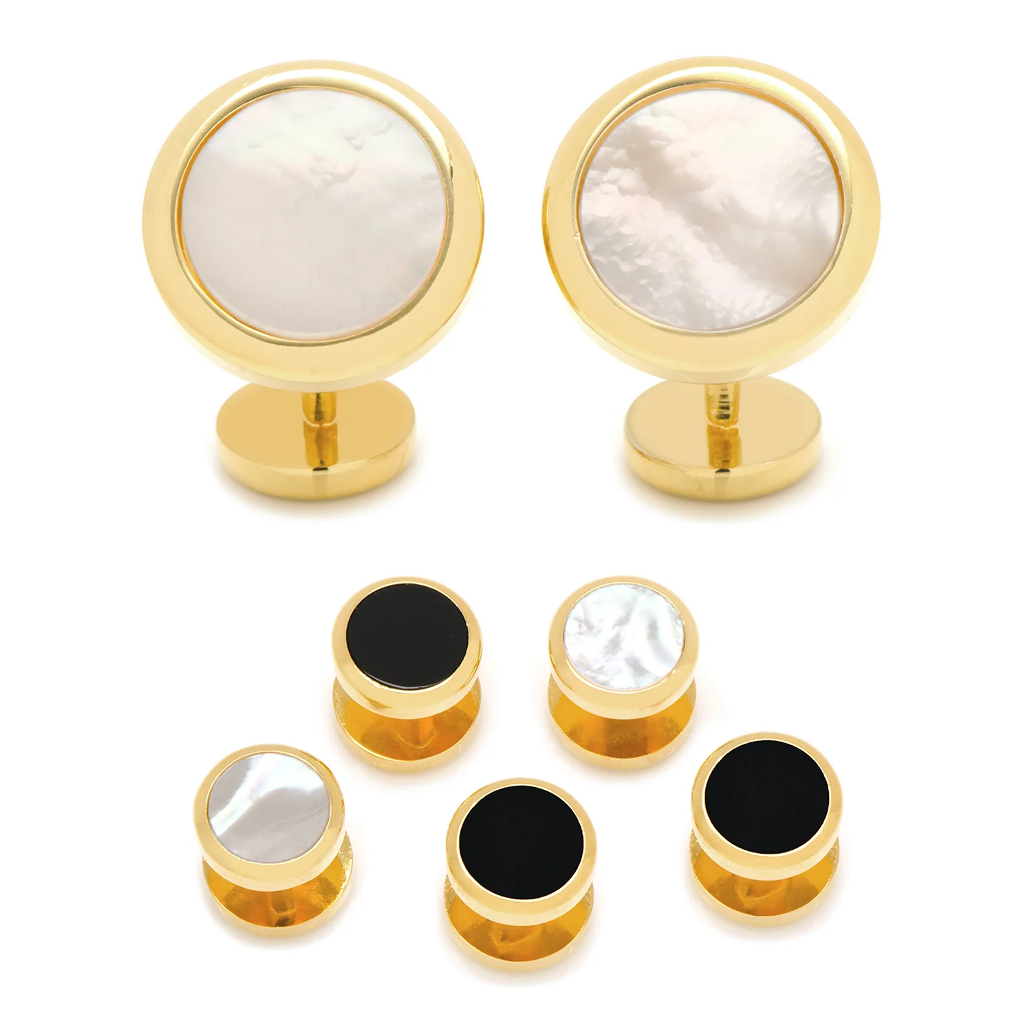 Round gold stud set with beveled edges and mother-of-pearl inlays, double-sided.