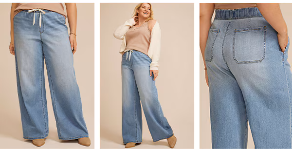 Model wearing maurices soft wide leg denim jeans.