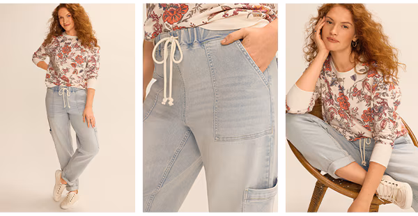 Model wearing maurices soft jogger denim jeans.