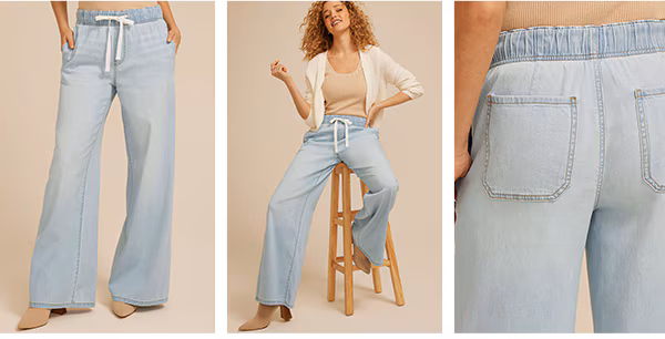 Model wearing maurices soft wide leg denim jeans.