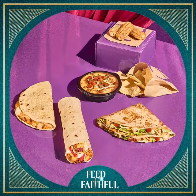 Feed the Faithful: Luxe Value Menu items displayed on a purple table.