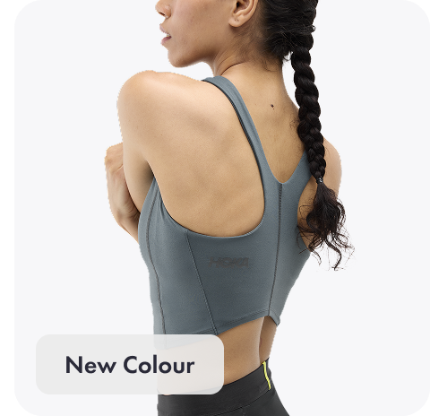 A full body image of a person posing in HOKA apparel featuring the GlideTech Quarter Zip in Mineral Blue. An image of a person facing the left stretching and wearing the Elaro Sport Bra in Faded Navy. An image of a person from the back wearing the Race Day Top in Cielo Blue. A close up image of a person wearing the Novafly Knit Pant in Black. An image of a person from the waist down wearing the Elaro Knit Tight in Black Cherry.
