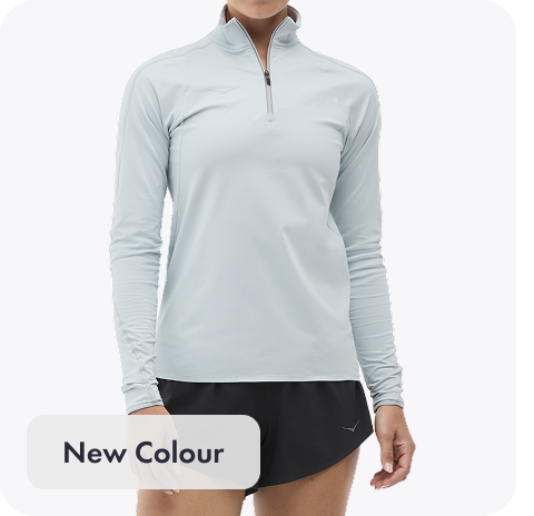 A full body image of a person posing in HOKA apparel featuring the GlideTech Quarter Zip in Mineral Blue. An image of a person facing the left stretching and wearing the Elaro Sport Bra in Faded Navy. An image of a person from the back wearing the Race Day Top in Cielo Blue. A close up image of a person wearing the Novafly Knit Pant in Black. An image of a person from the waist down wearing the Elaro Knit Tight in Black Cherry.