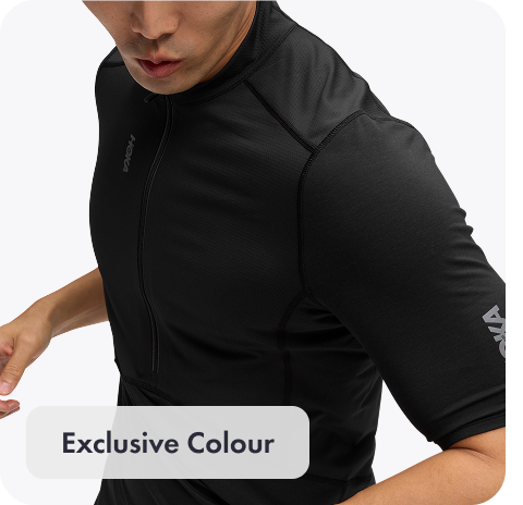 A full body image of a person facing to the left zipping up their GlideTech Top in Faded Navy.  An image of a person posing in HOKA apparel featuring the 2-in-1 Glide Shorts in Midnight Blue. A close up image of a person from the waist down wearing the Race Day Half Tight in Squid Ink. A close up image of a persons chest wearing the Airolite Short Sleeve 2.0 in Lava. A close up image of a person from the back wearing the Race Day Split-Shorts in Squid Ink.