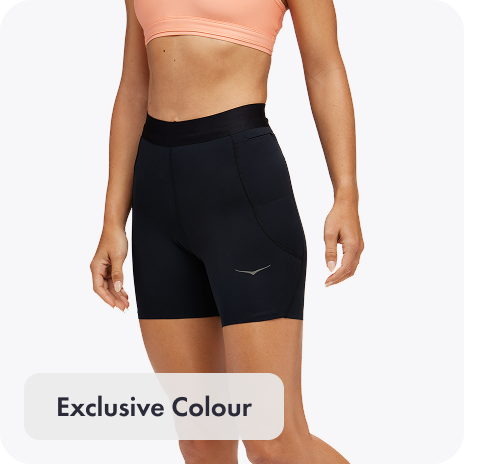 A full body image of a person posing in HOKA apparel featuring the GlideTech Quarter Zip in Mineral Blue. An image of a person facing the left stretching and wearing the Elaro Sport Bra in Faded Navy. An image of a person from the back wearing the Race Day Top in Cielo Blue. A close up image of a person wearing the Novafly Knit Pant in Black. An image of a person from the waist down wearing the Elaro Knit Tight in Black Cherry.