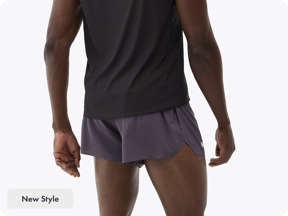 A full body image of a person facing to the left zipping up their GlideTech Top in Faded Navy.  An image of a person posing in HOKA apparel featuring the 2-in-1 Glide Shorts in Midnight Blue. A close up image of a person from the waist down wearing the Race Day Half Tight in Squid Ink. A close up image of a persons chest wearing the Airolite Short Sleeve 2.0 in Lava. A close up image of a person from the back wearing the Race Day Split-Shorts in Squid Ink.
