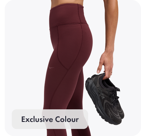 A full body image of a person posing in HOKA apparel featuring the GlideTech Quarter Zip in Mineral Blue. An image of a person facing the left stretching and wearing the Elaro Sport Bra in Faded Navy. An image of a person from the back wearing the Race Day Top in Cielo Blue. A close up image of a person wearing the Novafly Knit Pant in Black. An image of a person from the waist down wearing the Elaro Knit Tight in Black Cherry.