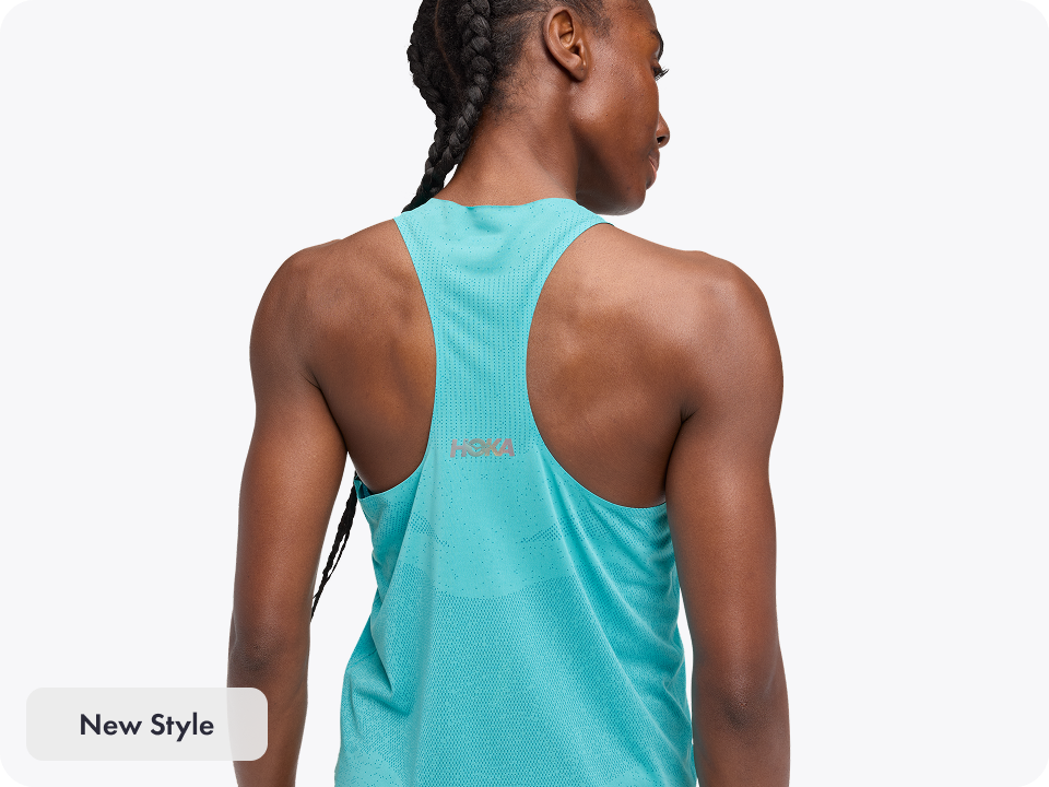 A full body image of a person posing in HOKA apparel featuring the GlideTech Quarter Zip in Mineral Blue. An image of a person facing the left stretching and wearing the Elaro Sport Bra in Faded Navy. An image of a person from the back wearing the Race Day Top in Cielo Blue. A close up image of a person wearing the Novafly Knit Pant in Black. An image of a person from the waist down wearing the Elaro Knit Tight in Black Cherry.