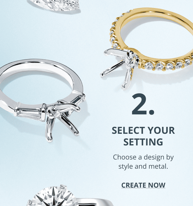 Three white gold diamond engagement rings featuring oval, emerald, and cushion-cut center stones with pavé diamond bands.