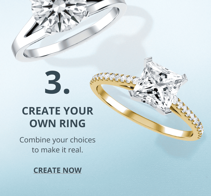 3. Create your own ring. Combine your choices. White and yellow gold round and princess diamond rings and click create now.
