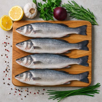 Whole Head On, Cleaned Branzino Fish (12-18 oz Per Fish), Minimum 7-Count, 10 lbs Total