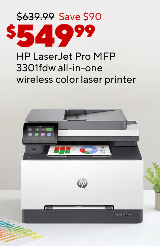 $549.99 HP LaserJet Pro MFP 3301fdw all-in-one wireless color laser printer
$15.99 TRU RED copy paper, 3-ream case
20% back in points on all ink and toner
20% back in points on all printers