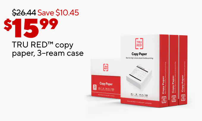 $549.99 HP LaserJet Pro MFP 3301fdw all-in-one wireless color laser printer
$15.99 TRU RED copy paper, 3-ream case
20% back in points on all ink and toner
20% back in points on all printers