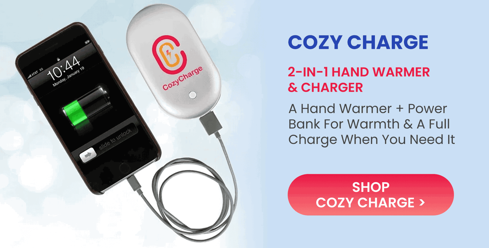 Cozy Charge  2-in-1 Hand Warmer & Charger  A hand warmer & power bank for warmth + a full charge when you need it