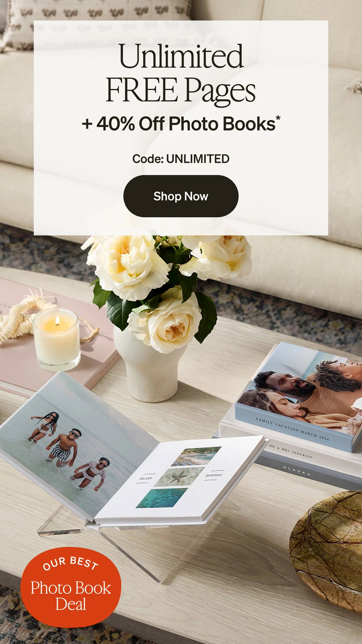 Unlimited Free Pages + 40% Off Photo Books