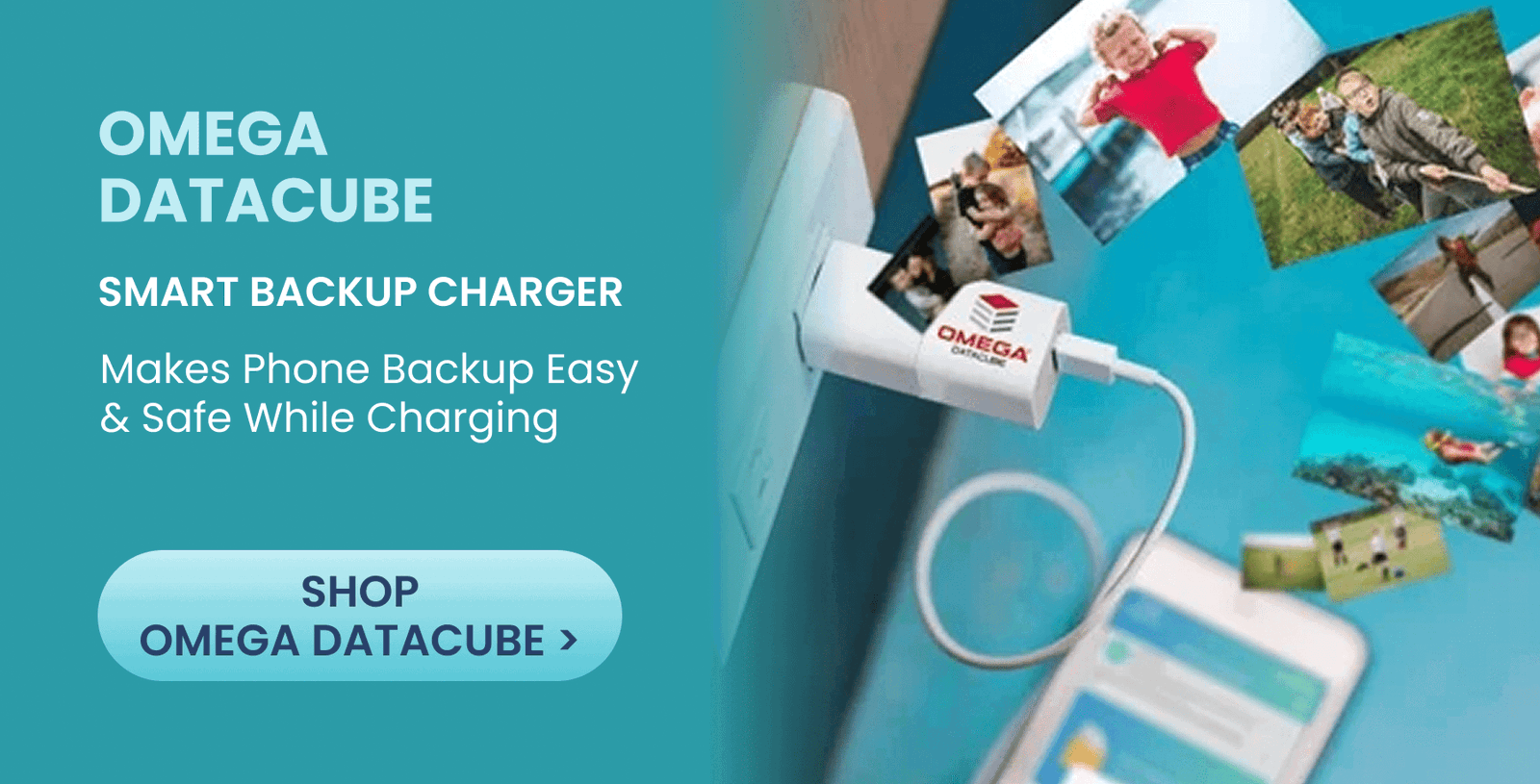 Omega Datacube  Smart Backup Charger  Makes phone backup easy & safe while charging