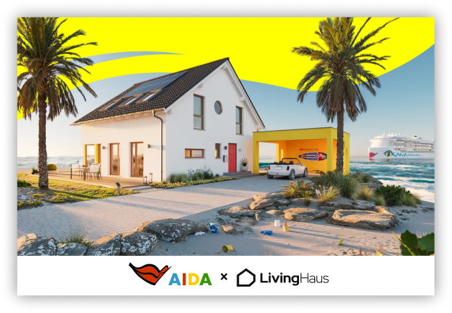 Ein modernes Haus am Strand mit Palmen, einem Auto in der Einfahrt und einem Kreuzfahrtschiff im Hintergrund. Unten stehen die Logos von AIDA und LivingHaus.
