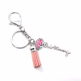 Stainless Steel Enamel Birth Month Flower Script Name and Tassle Keychain