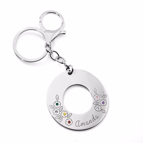 Stainless Steel Engraved Name and Birthstone Flowers Open Circle Keychain