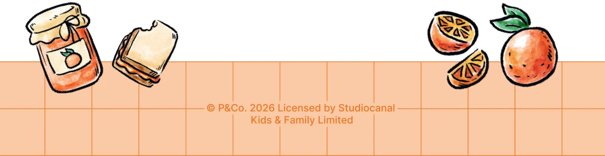 Design element: Illustrations of a marmalade sandwich, a marmalade jar and fresh oranges. / © P&Co. 2026 Licensed by Studiocanal  Kids & Family Limited