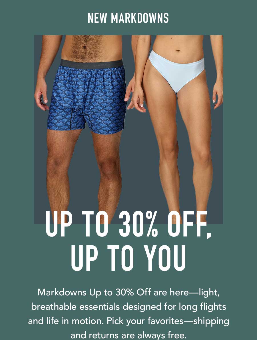 New markdowns up to 30 percent off, image of a man in blue shorts and a woman in white underwear, offer on lightweight essentials.