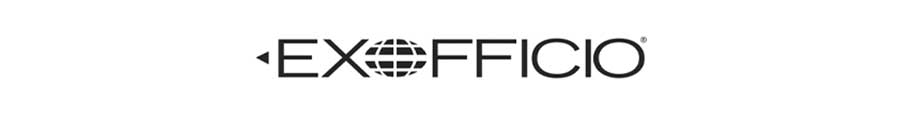 ExOfficio logo with globe design in the center, black text on white background.