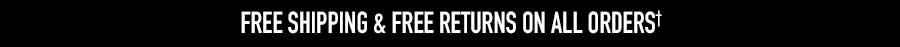 Free shipping and free returns on all orders in bold white text on a black background