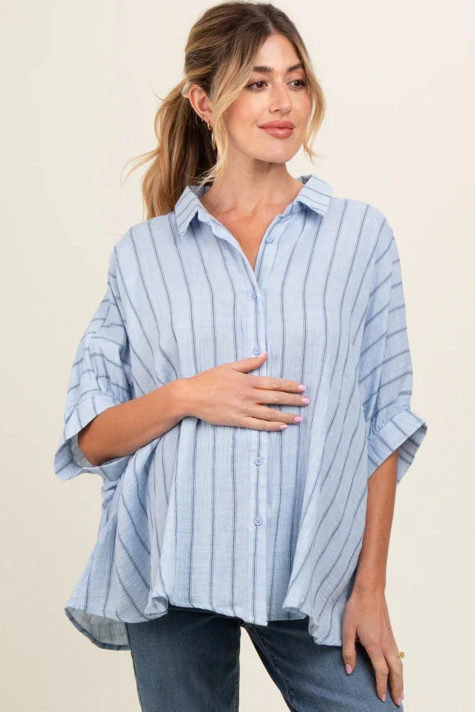 Image of Light Blue Striped Collared Oversized Maternity Top