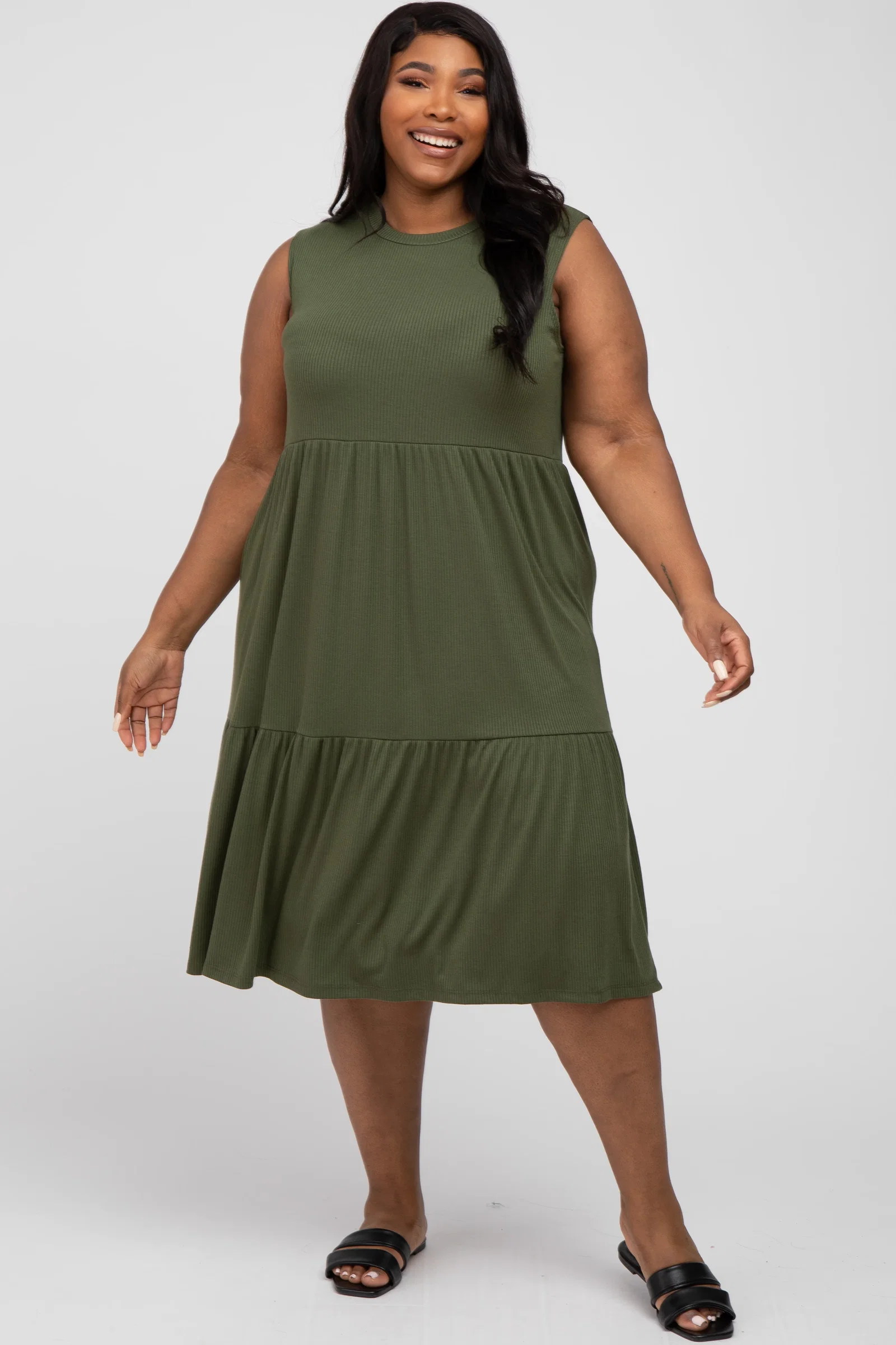 Image of Olive Ribbed Sleeveless Plus Midi Dress