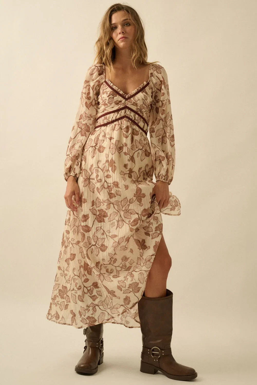 Image of Cream Floral V-Neck Velvet Trim Maxi Dress