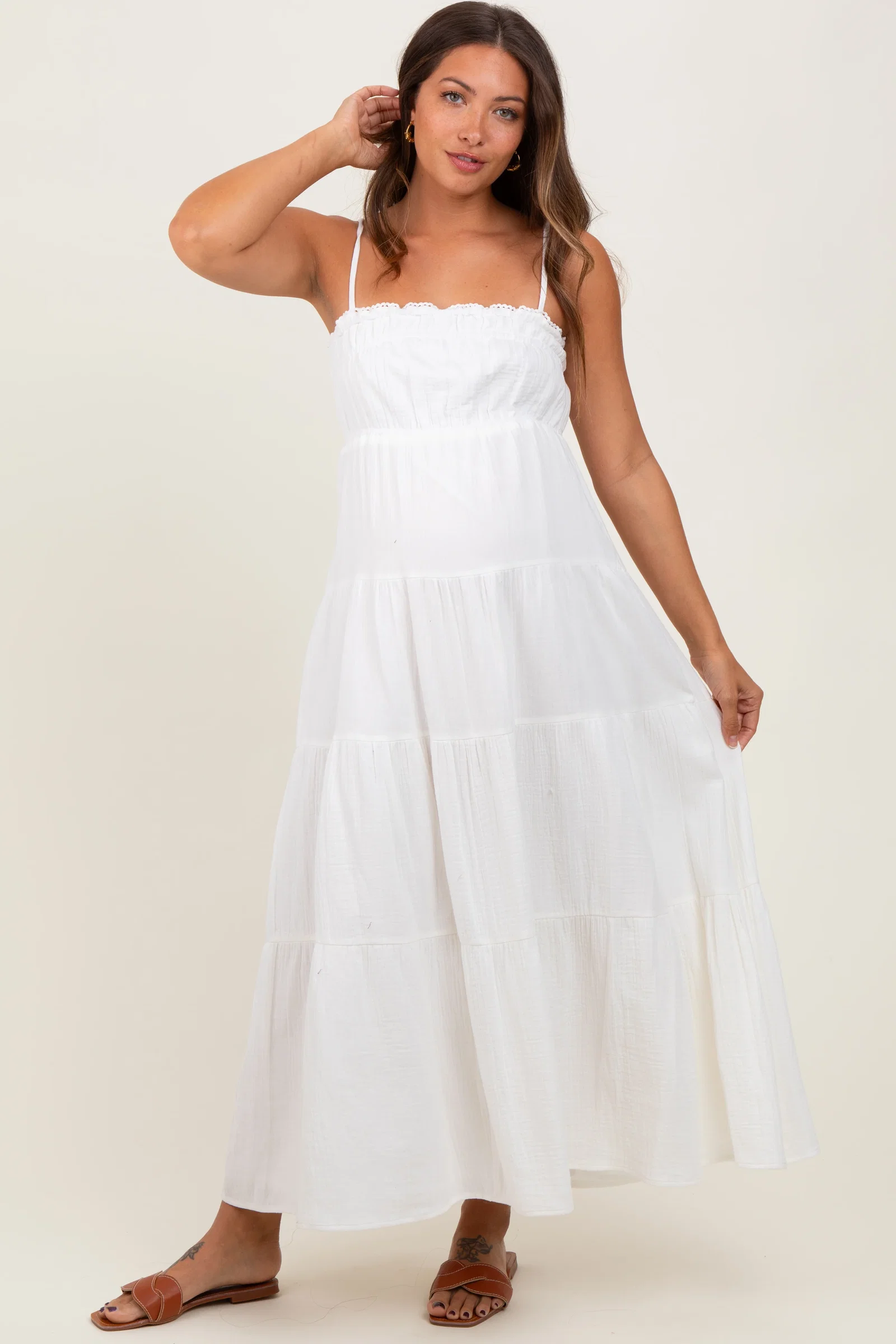 Image of Ivory Crochet Trim Tiered Maternity Maxi Dress
