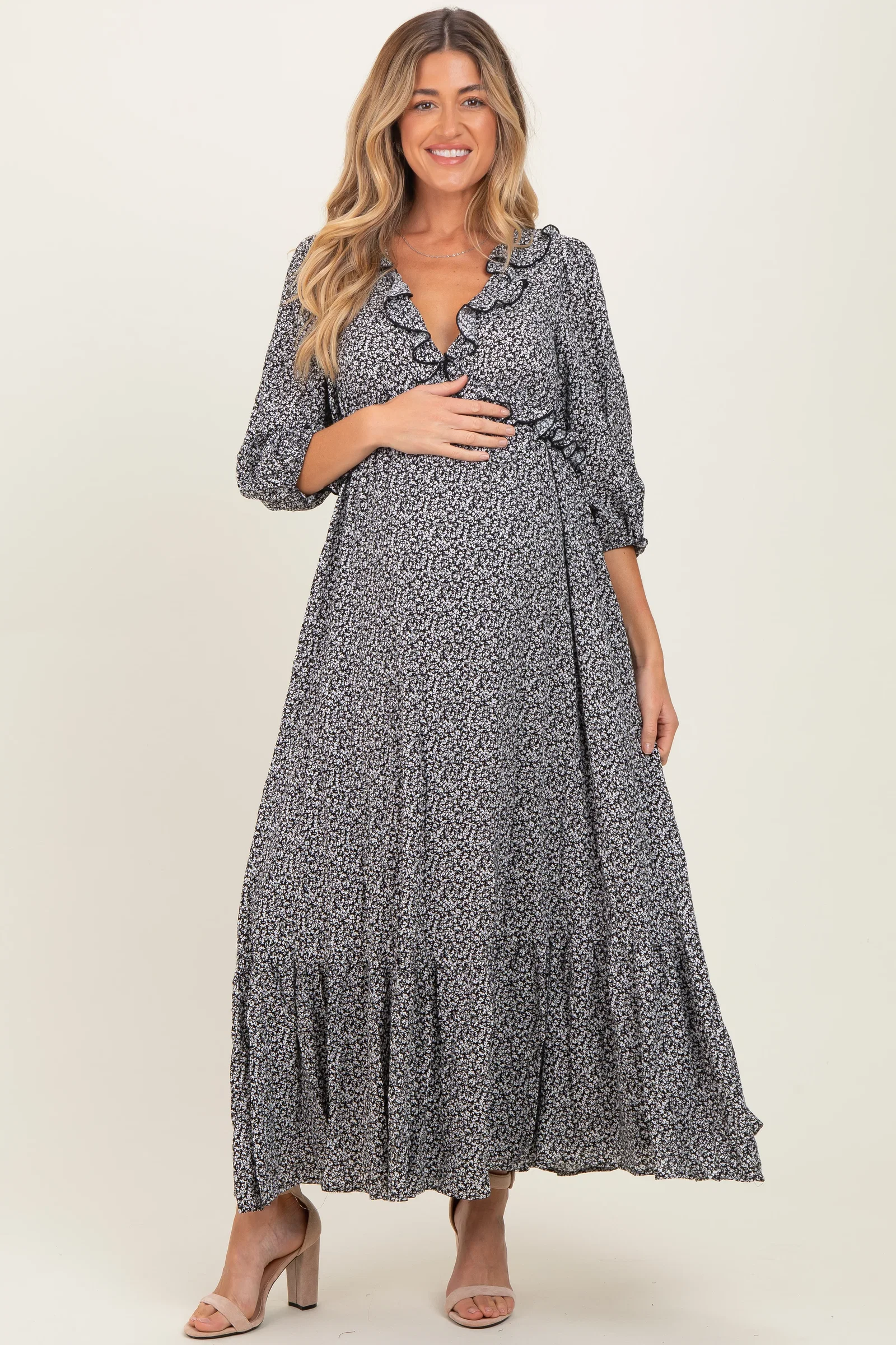 Image of Black Ditzy Floral Long Sleeve Ruffle V-Neck Tiered Maternity Maxi Dress
