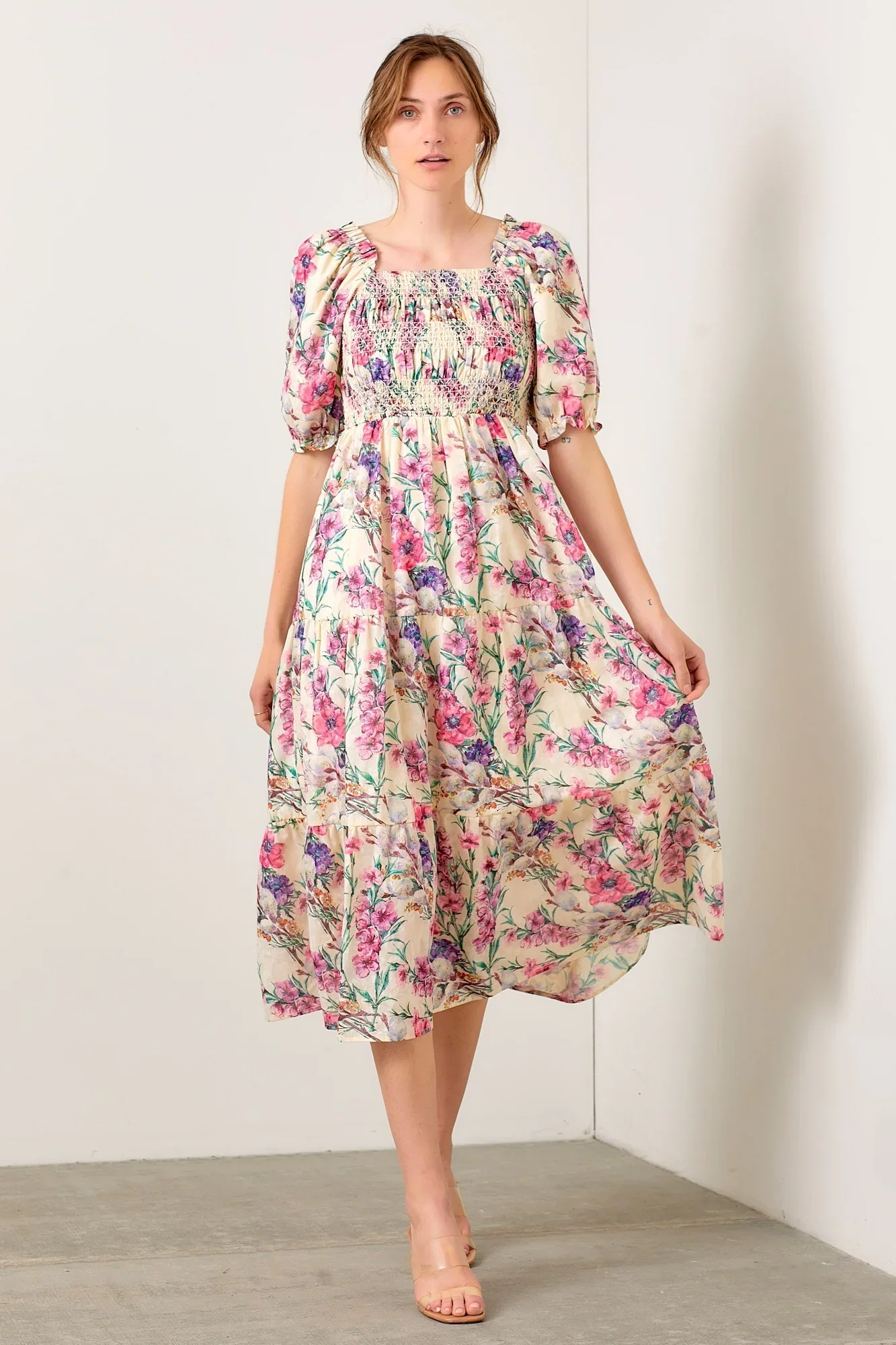 Image of Cream Floral Puff Sleeve Smocked Midi Dress