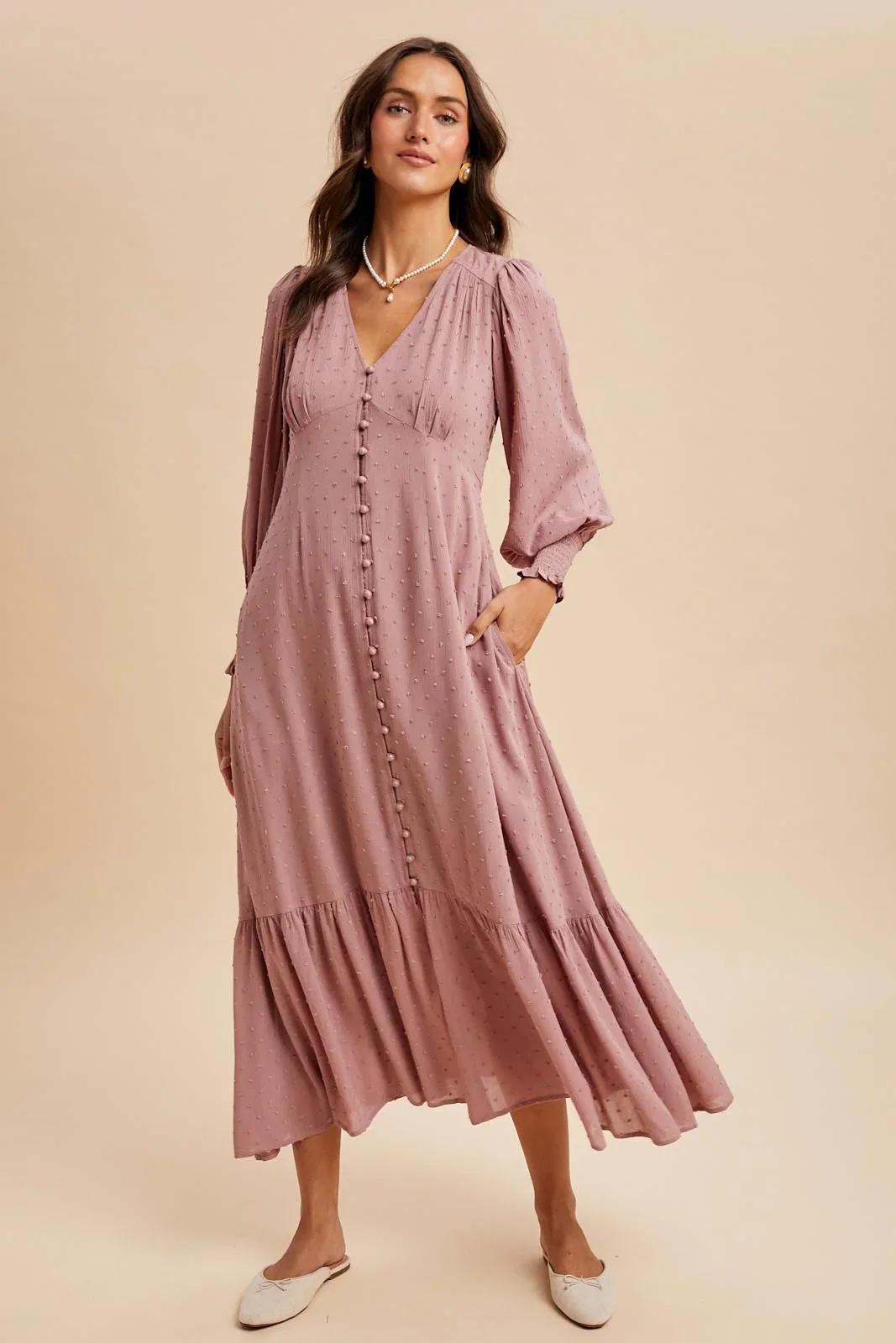 Image of Rose Swiss Dot Button Down Maxi Dress
