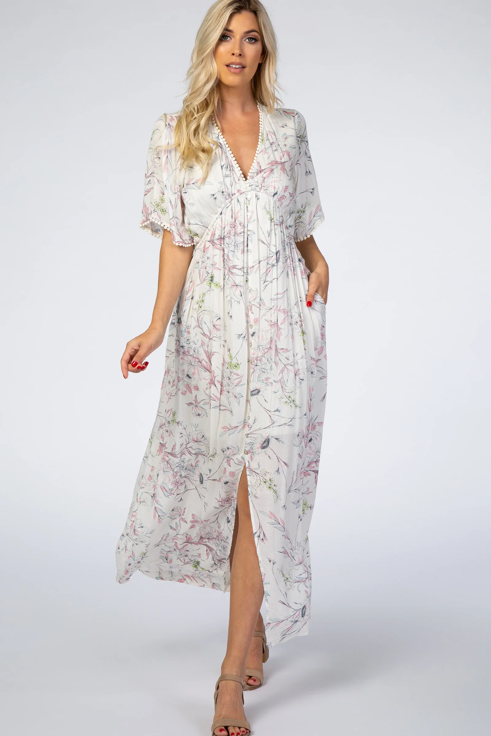Image of Ivory Floral Button Front Maxi Dress