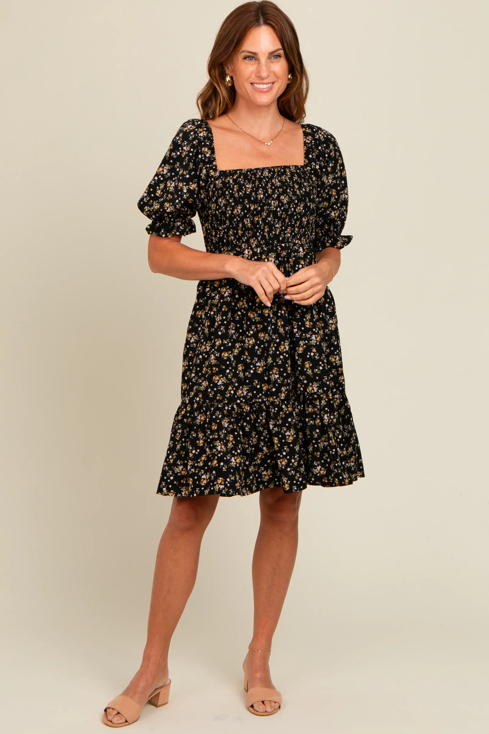 Image of Black Floral Smocked Puff Sleeve Dress