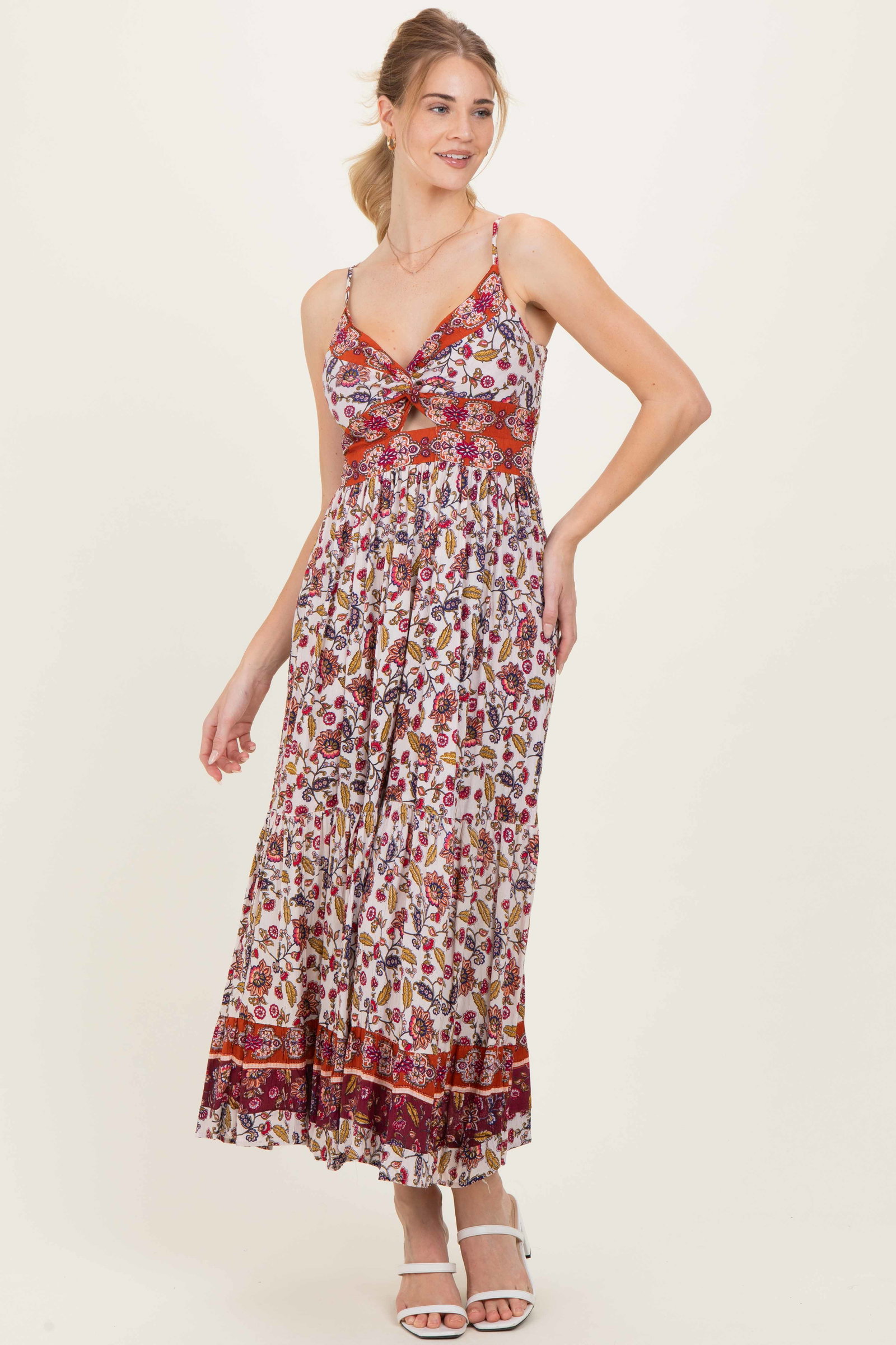 Image of Cream Floral Twist Front Cutout Maxi Dress