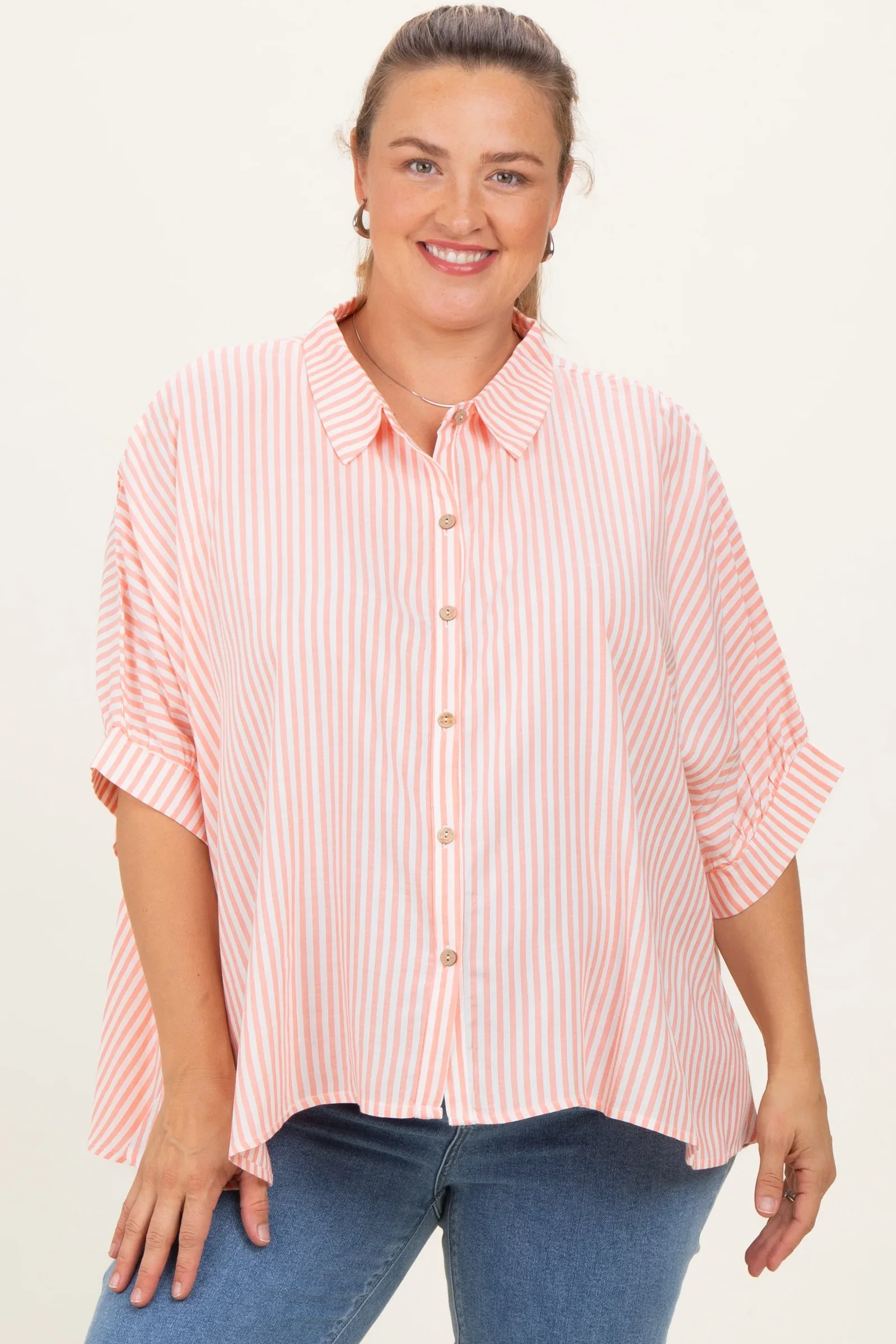 Image of Coral Striped Button Up Short Dolman Sleeve Maternity Plus Top