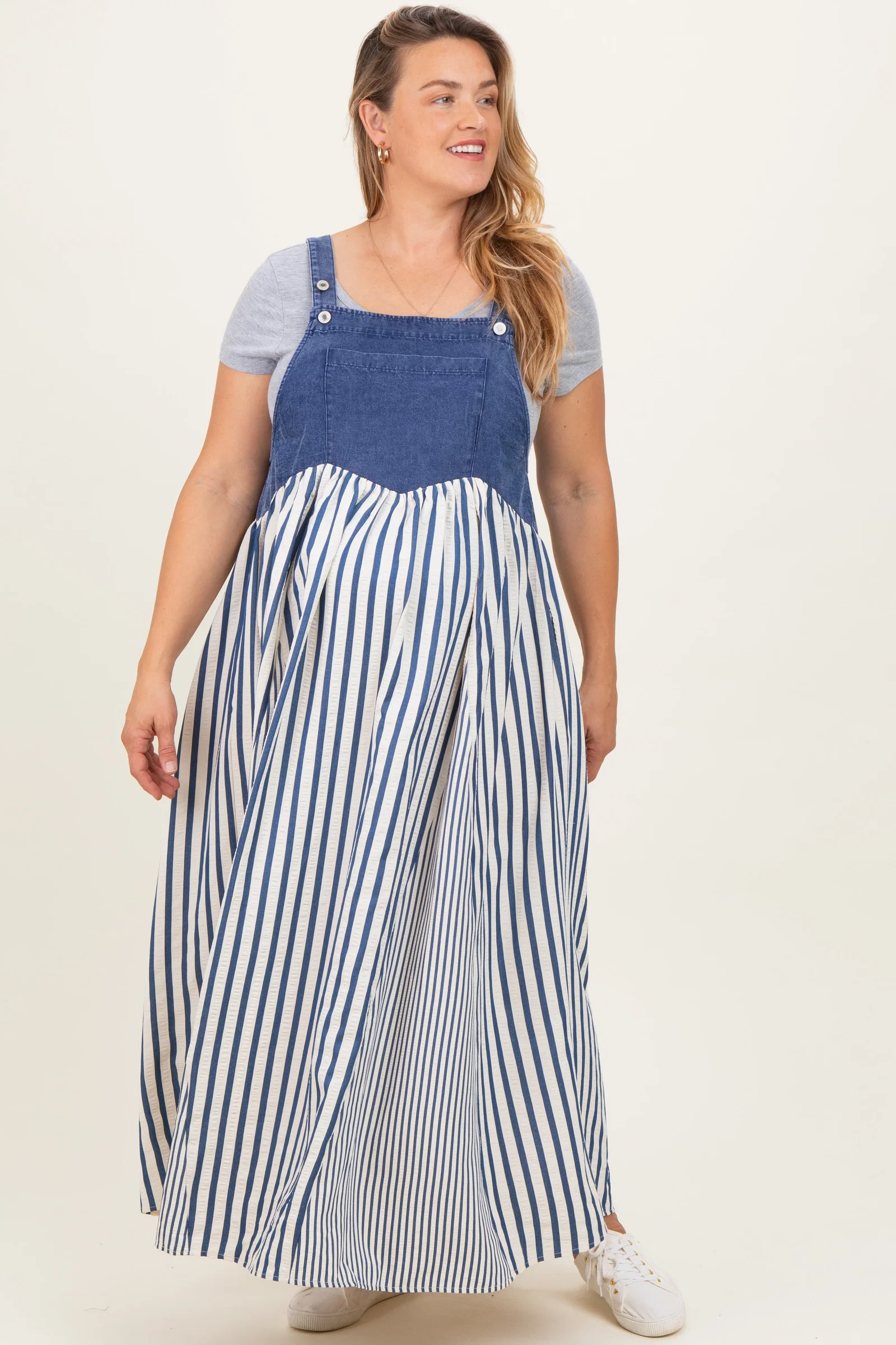 Image of Blue Striped Colorblock Denim Contrast Maternity Plus Maxi Dress