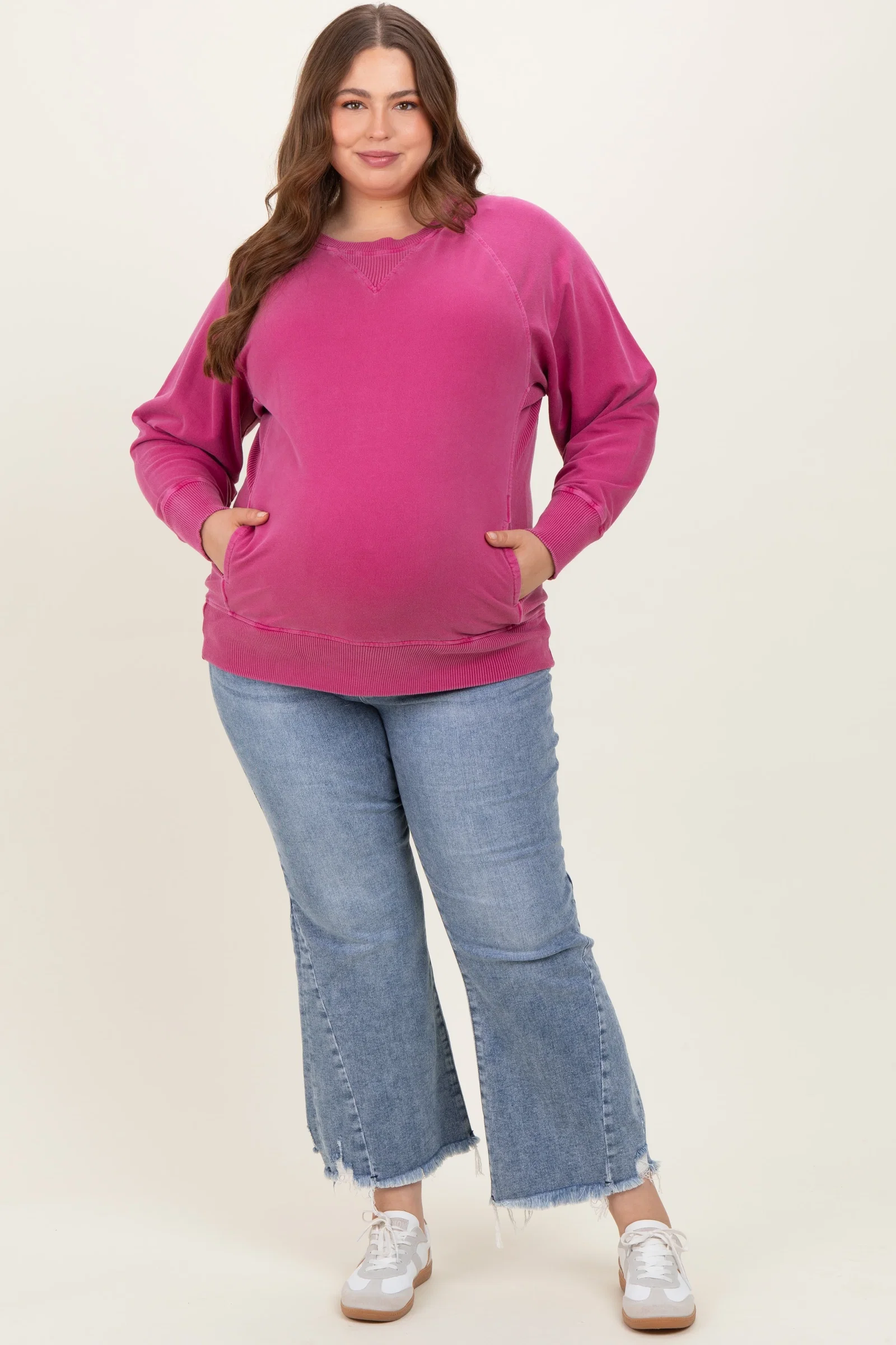 Image of Light Blue Distressed Hem Cropped Straight Leg Maternity Plus Jeans