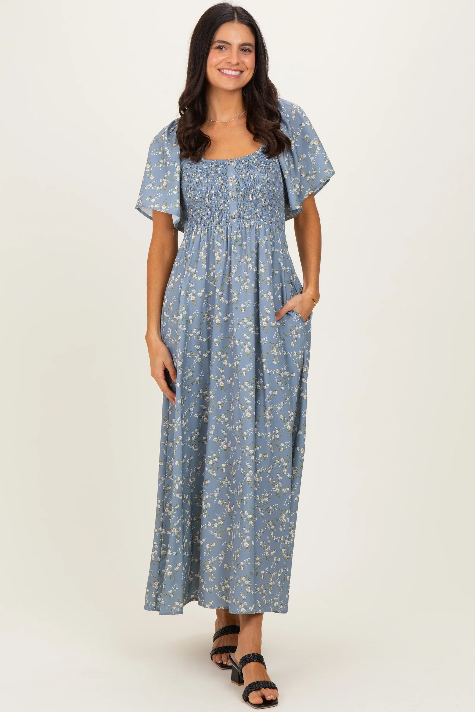 Image of Grey Floral Smocked Flutter Sleeve Midi Dress