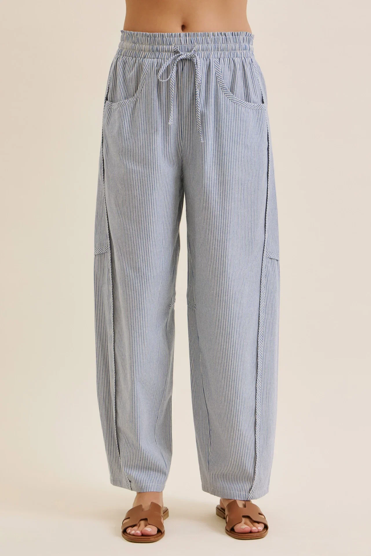 Image of Ocean Blue Striped Cotton Barrel Leg Pants