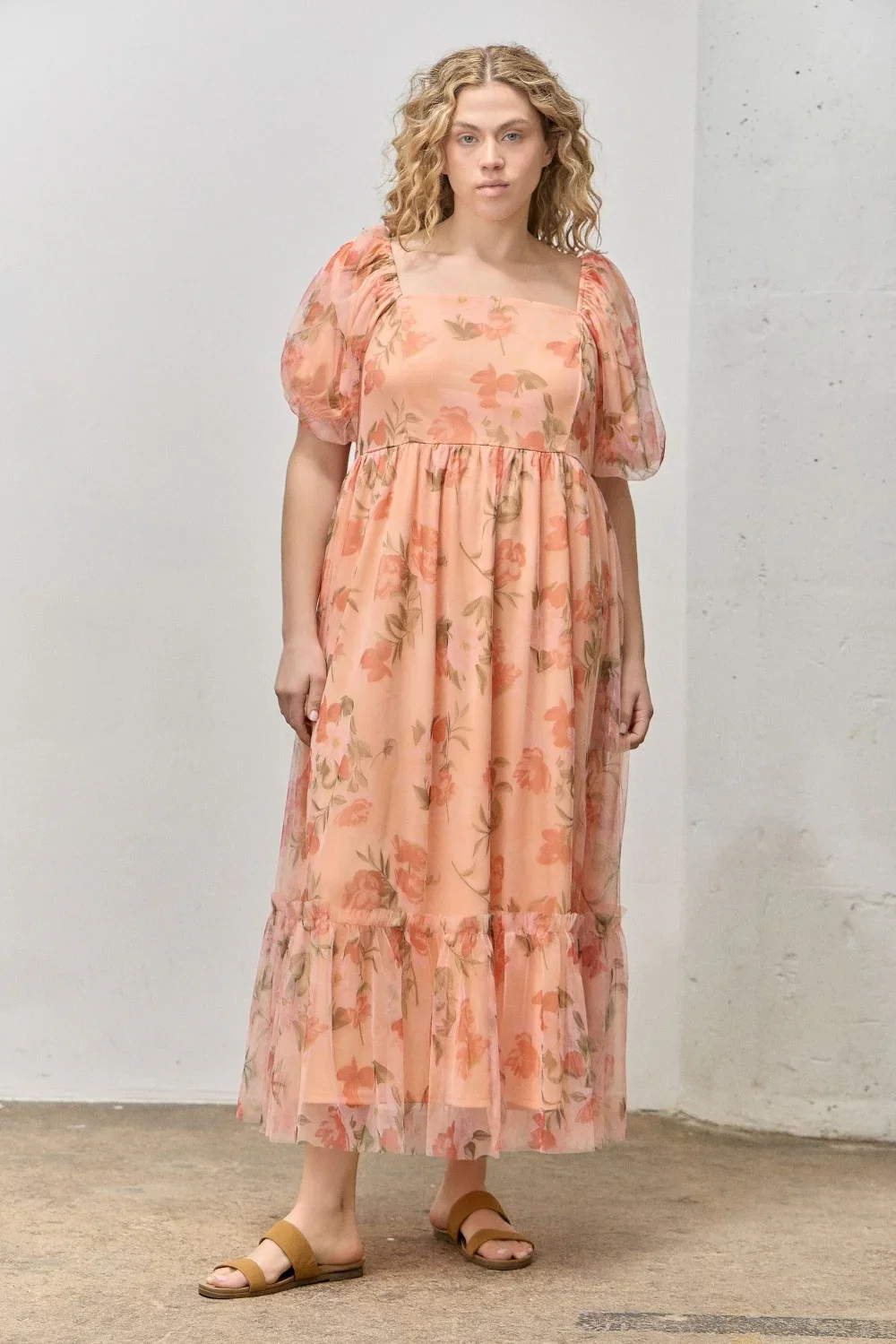 Image of Coral Floral Puff Sleeve Plus Maxi Dress