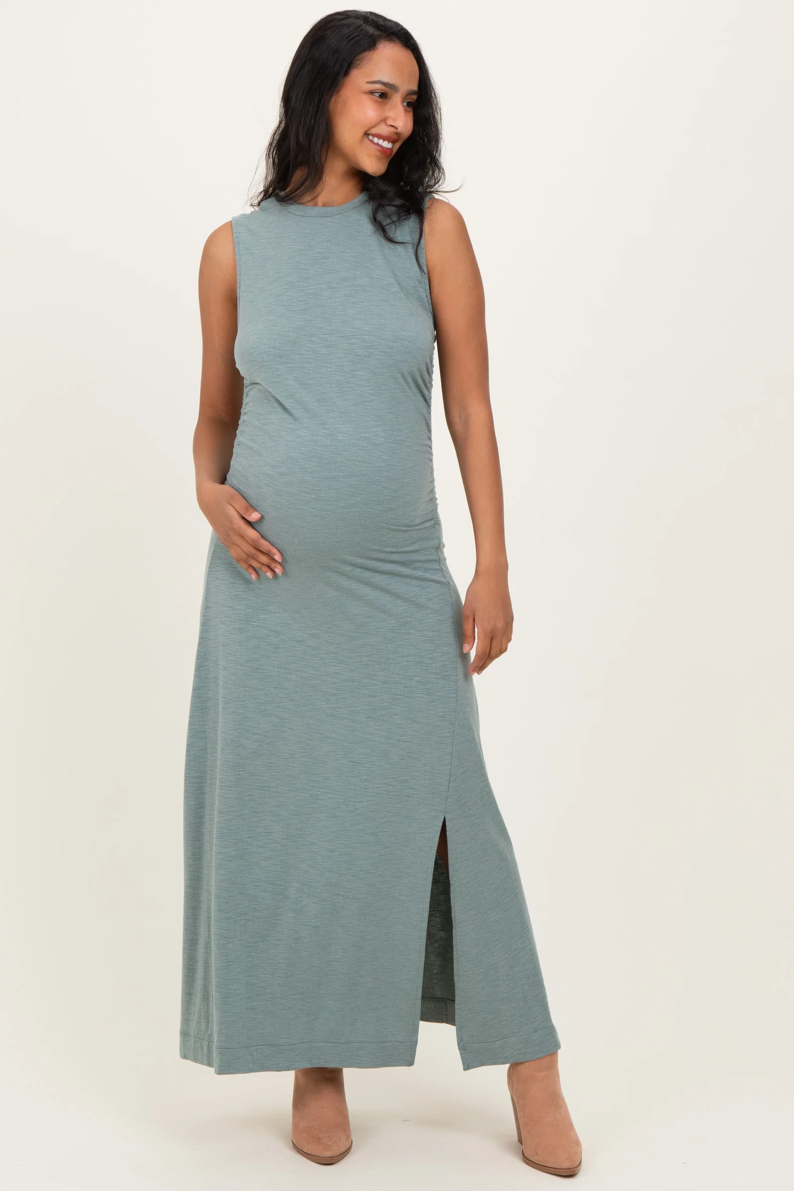 Image of Sage Side Slit Ruched Sleeveless Maternity Midi Dress