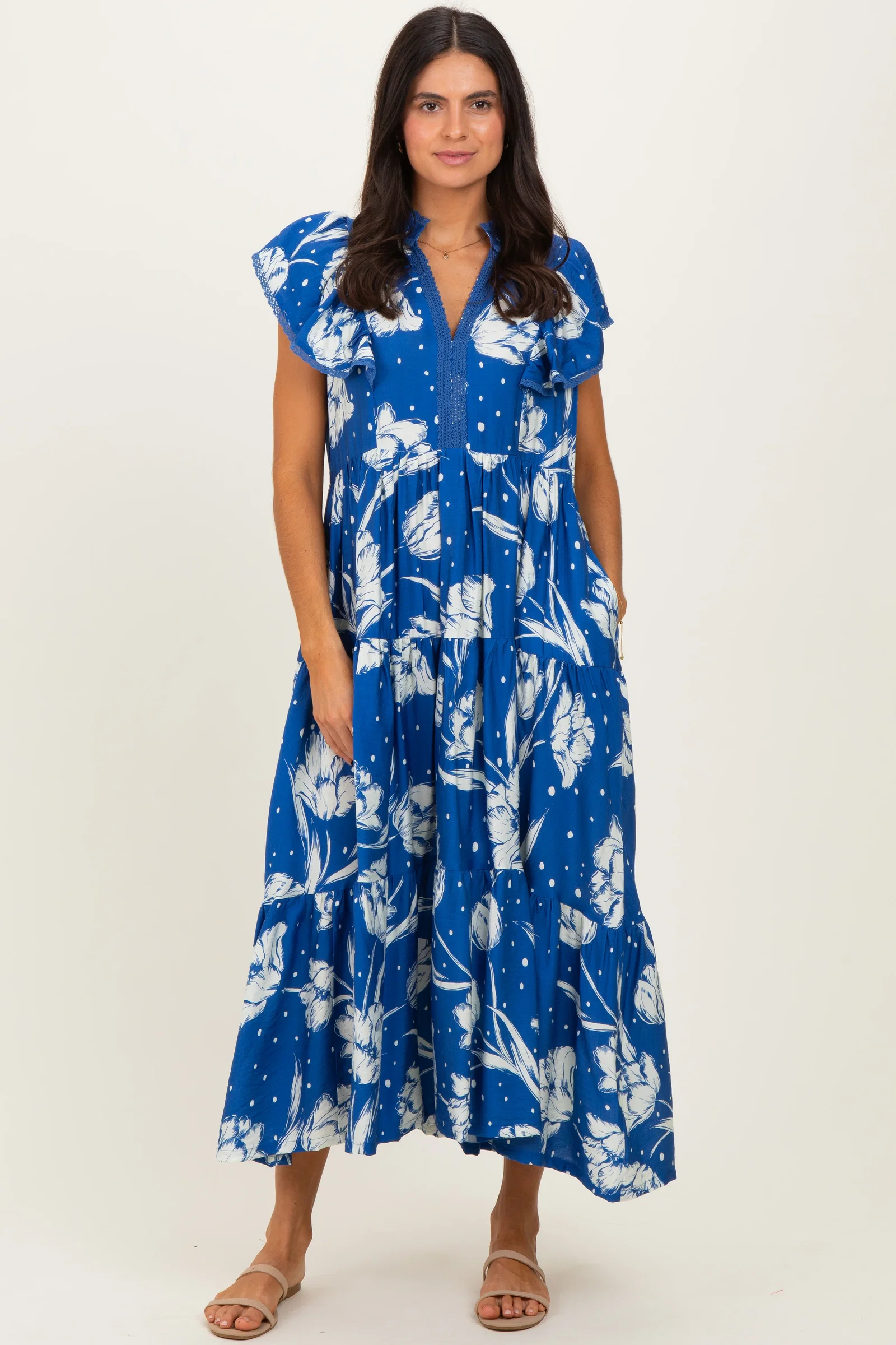 Image of Royal Blue Floral Crochet Lace Accent Midi Dress